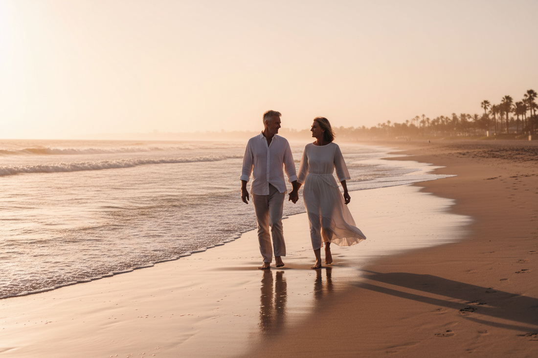 Mature couple walking hand in hand on a beach at sunset