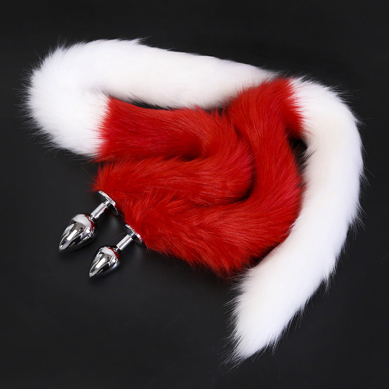 Extra Long Faux Fur Tail with Metal Anal Plug - Playful Cosplay & Adult Novelty Accessory(White and red-small)