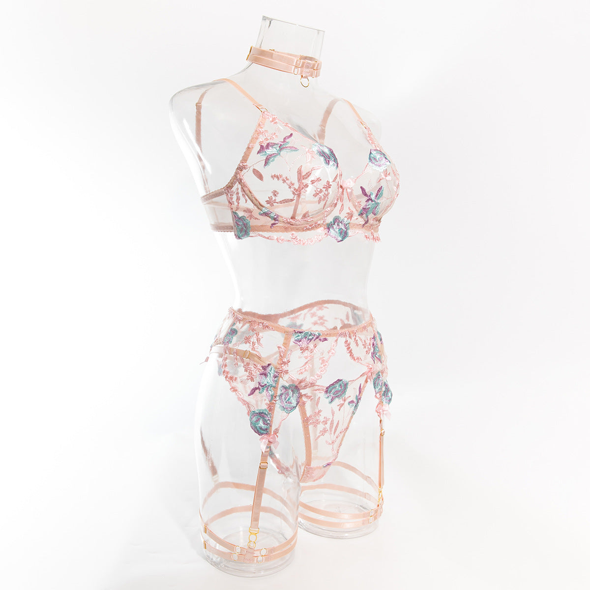 Size M Pink Elegant Floral Embroidered Sheer 5-Piece Lingerie Set - Bra, Thong, Garter Belt, Choker & Thigh Straps