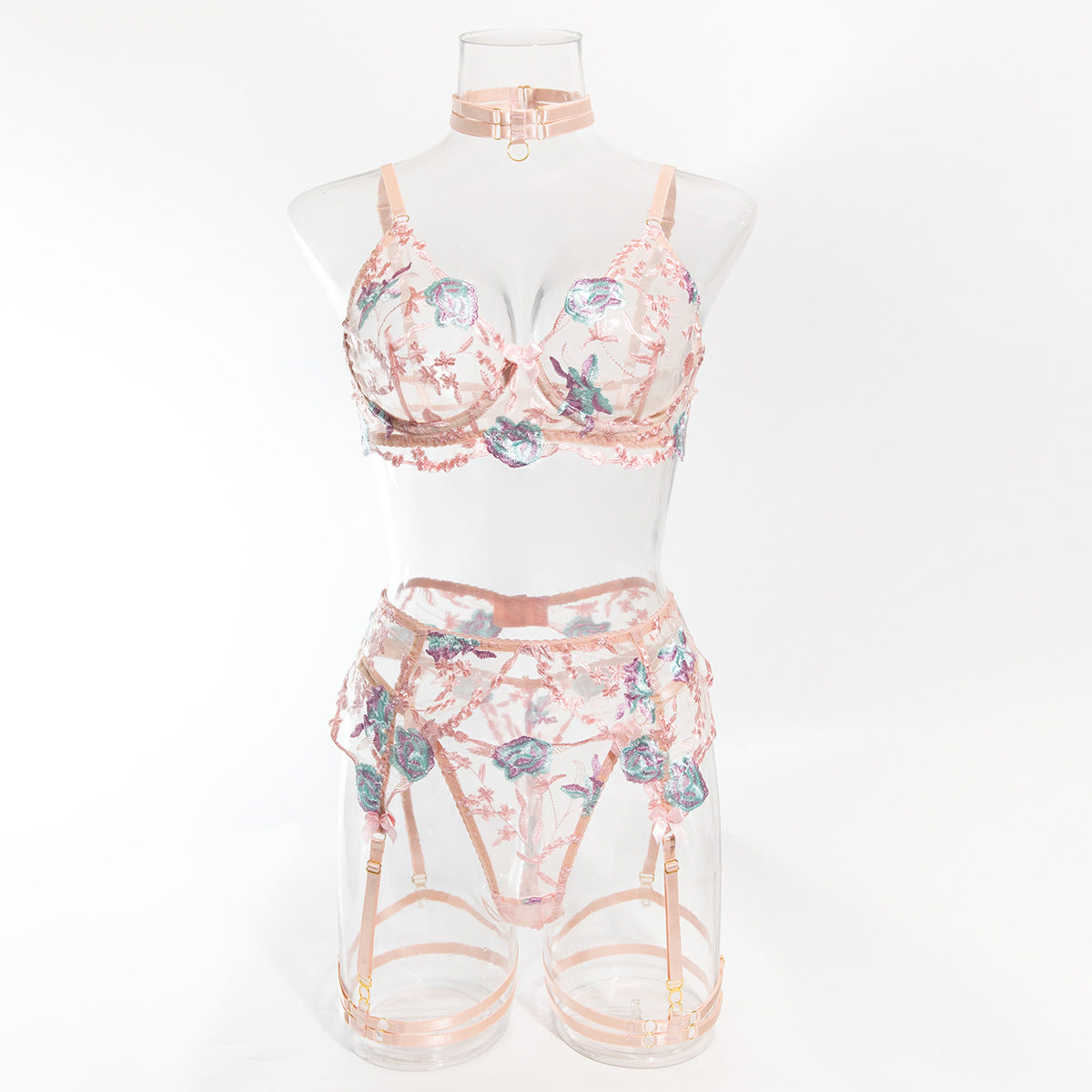 Size L Pink Elegant Floral Embroidered Sheer 5-Piece Lingerie Set - Bra, Thong, Garter Belt, Choker & Thigh Straps