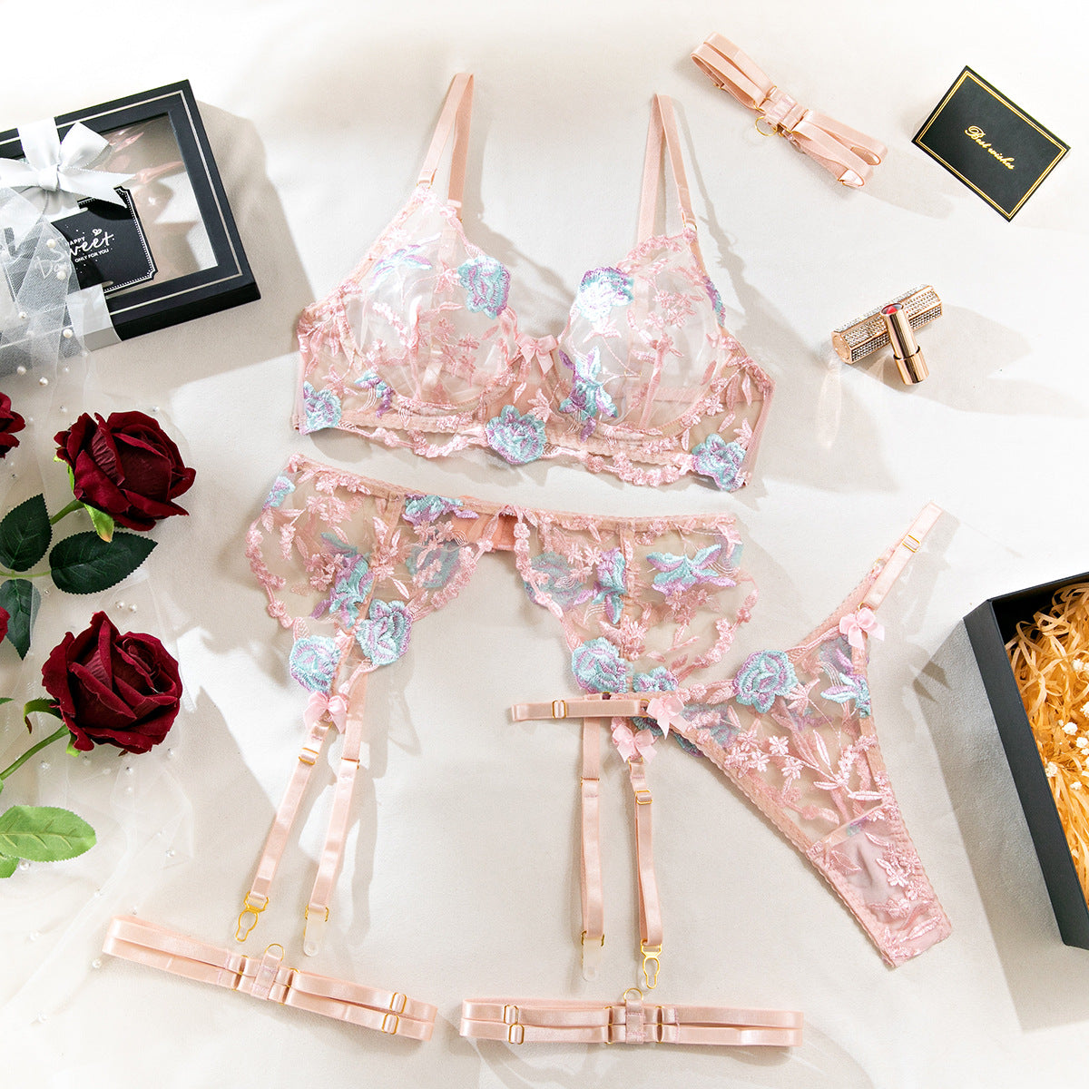 Size XL Pink Elegant Floral Embroidered Sheer 5-Piece Lingerie Set - Bra, Thong, Garter Belt, Choker & Thigh Straps